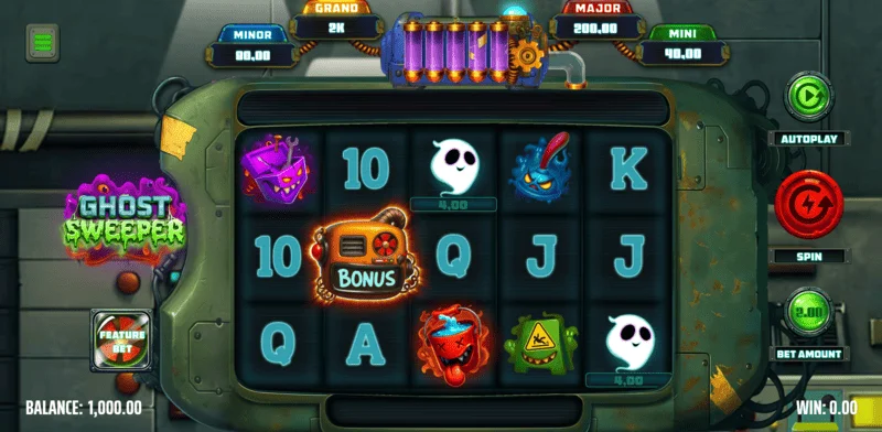 Ghost Sweeper - skrin permainan utama dengan grid 5x3